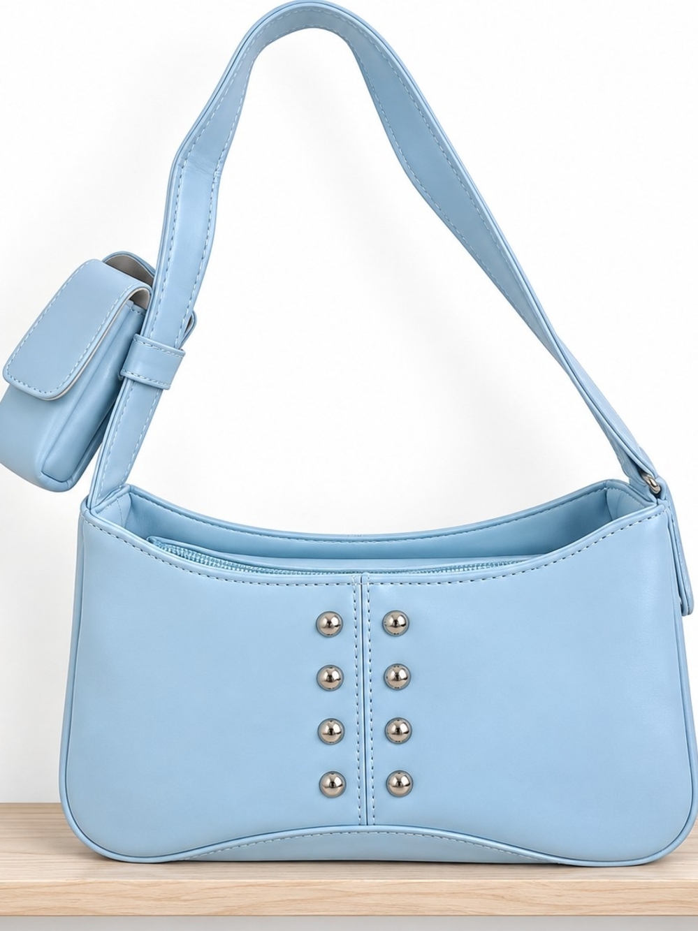 Light Blue Women's Shoulder Bag with Stud Detail